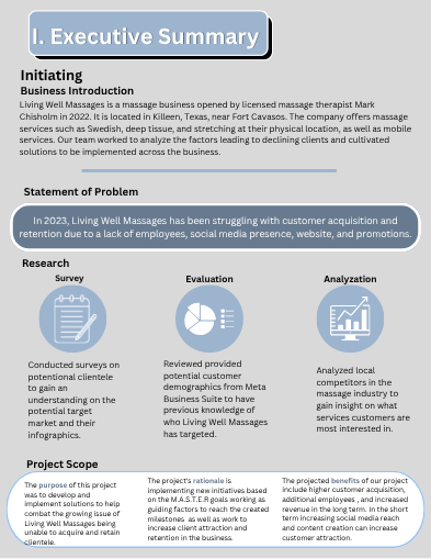 Living Well report executive summary showing the problem, survey research, evaluation and project scope