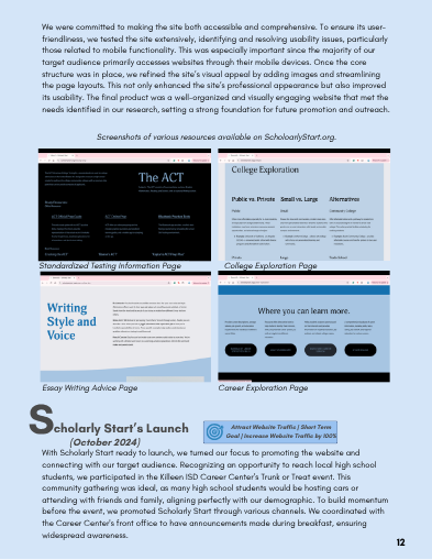 Original ScholarlyStart report page showing testing, college, essay and career website pages, with launch notes.